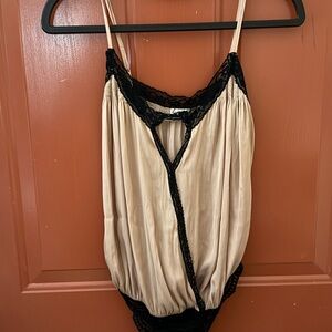 Free People Cream Slip Chemise with Black Lace Trim